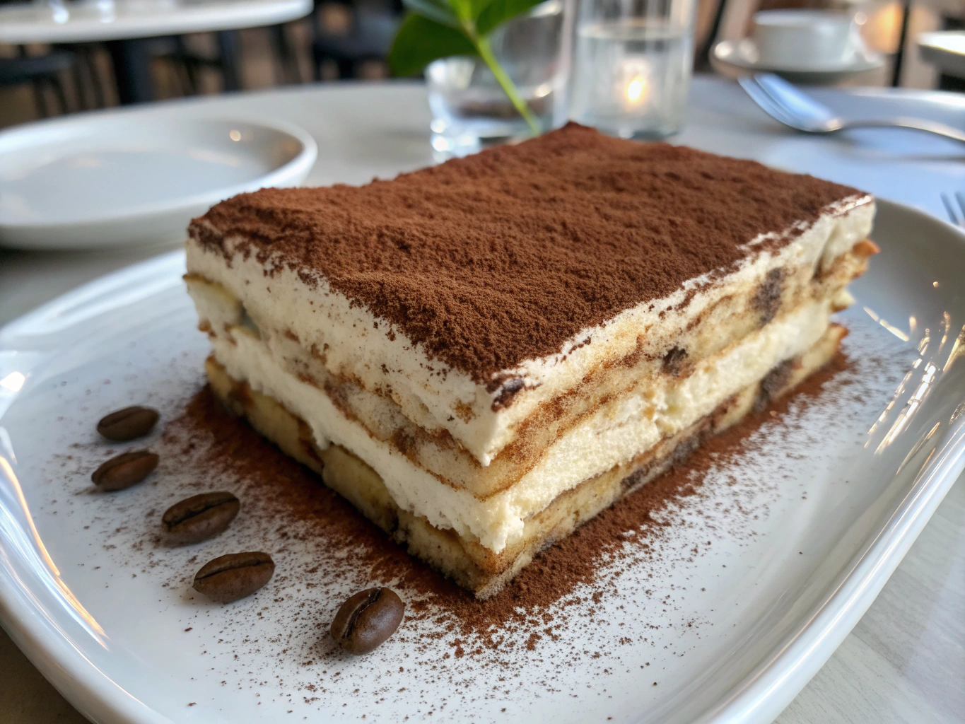 Traditional Italian tiramisu with cocoa dusting