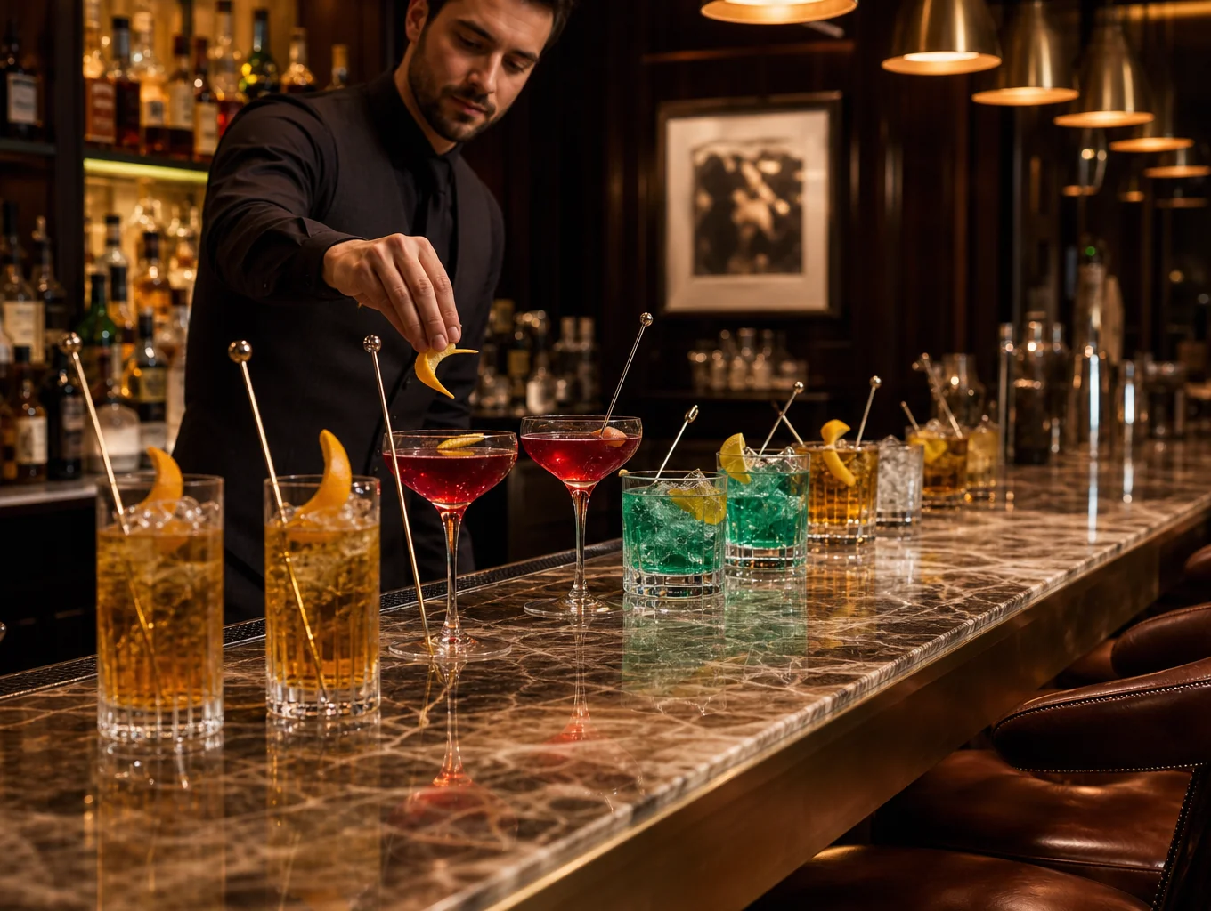 Modern bar counter with curated spirits and glassware