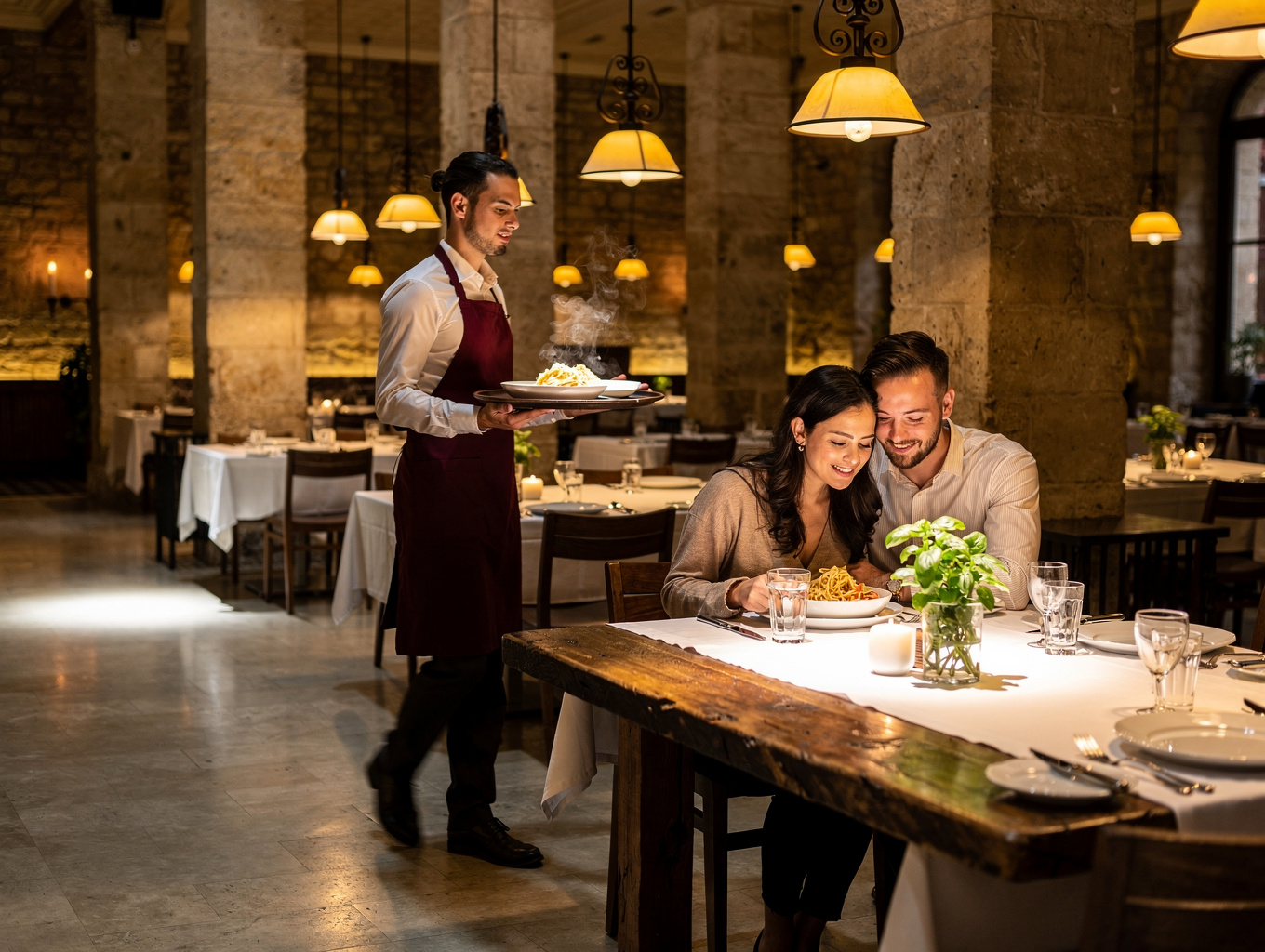 Convivial energy of guests enjoying dinner in the dining room