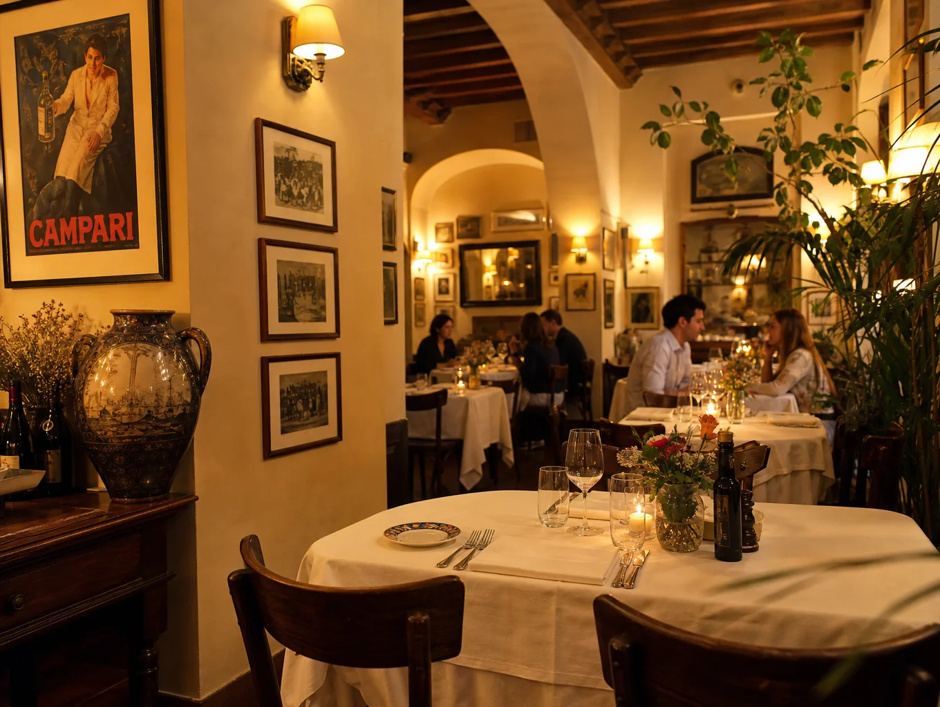 Elegant dining room with warm lighting and fine table settings