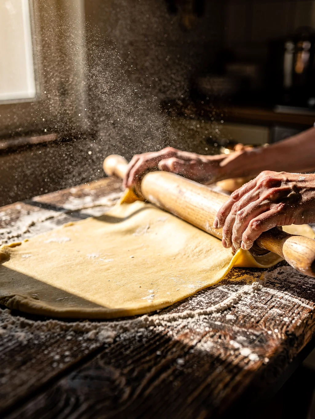 Chef preparing fresh pasta in a warm, sunlit Italian kitchen