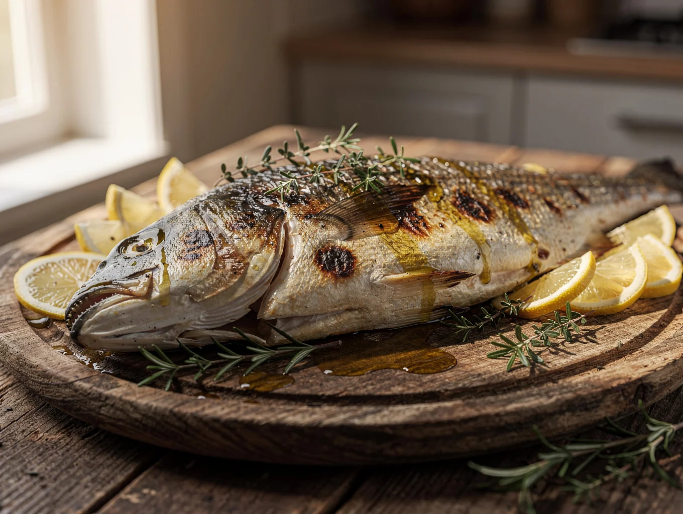 Whole roasted Mediterranean branzino with lemon and herbs