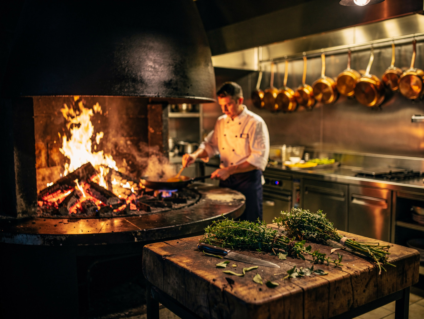Chefs working in an open kitchen with wood-fired hearth