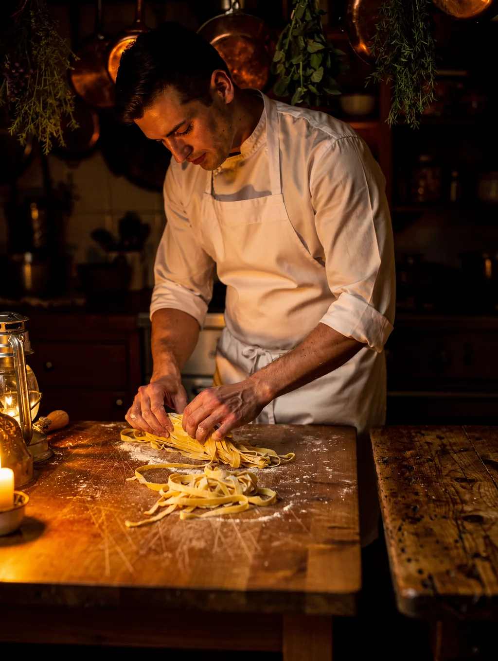 Chef preparing fresh handmade pasta on a wooden board