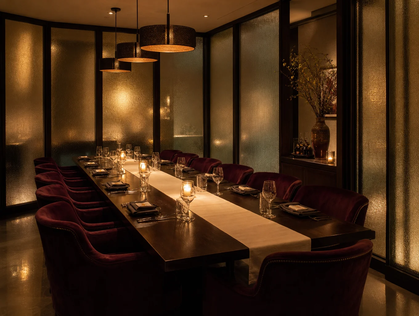 Private dining area with long table and elegant decor