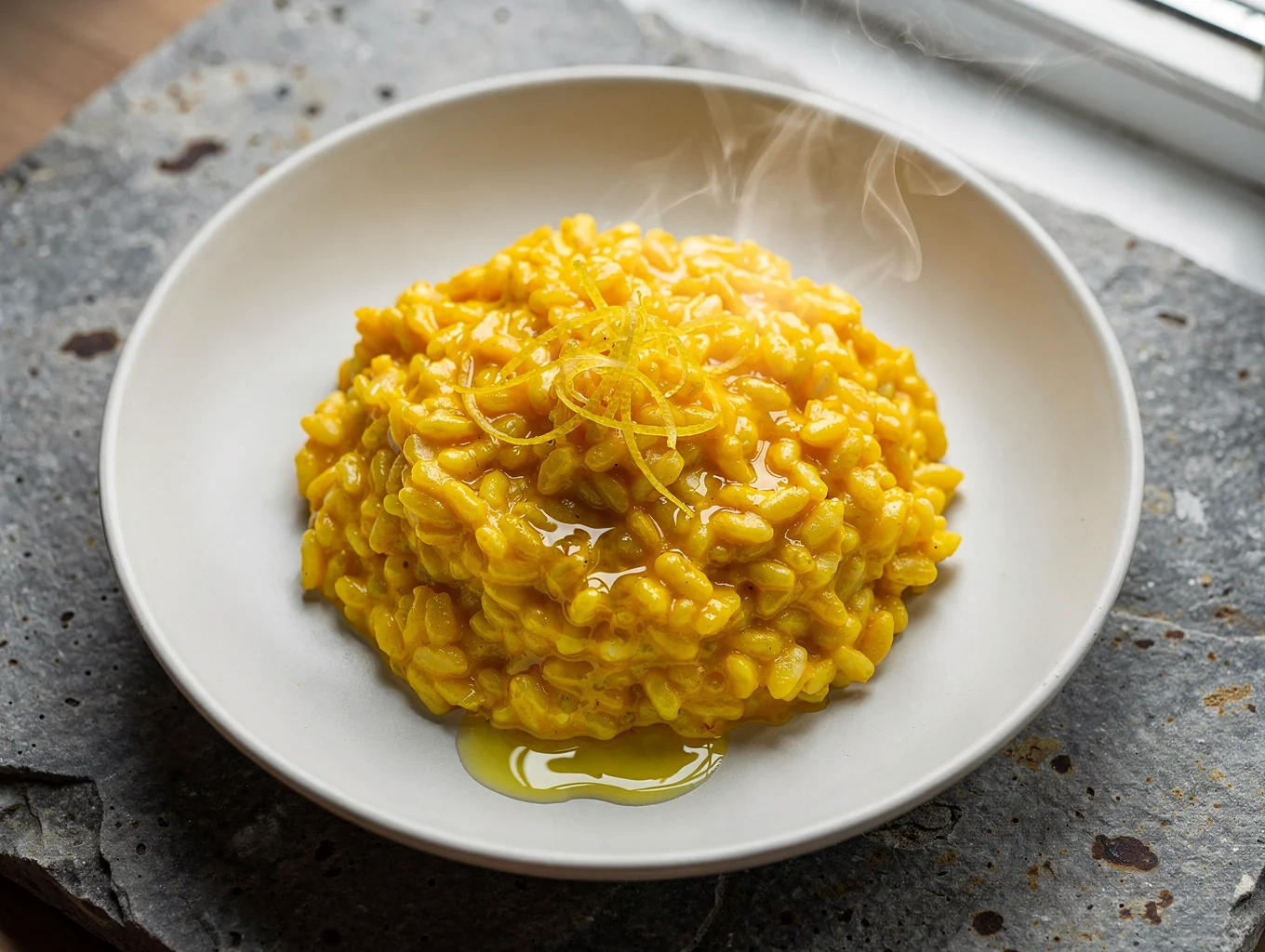Creamy golden saffron risotto served in a shallow bowl