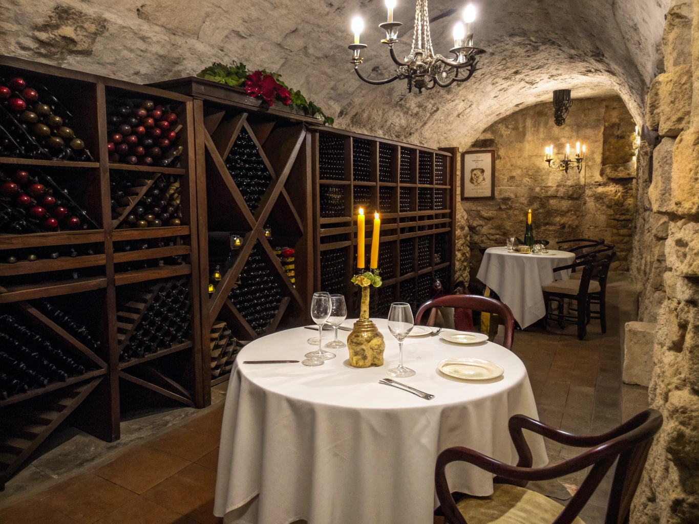 Intimate wine cellar dining room with stone walls and warm lighting