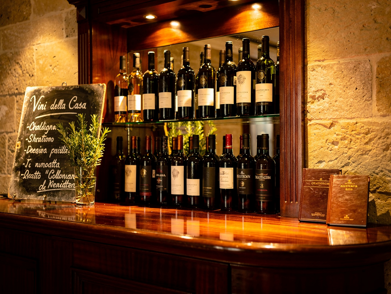 Curated wine display with bottles from Italian vineyards